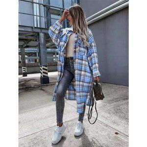 💥Blue Plaid Button Down Longline Shacket Jacket - (Brand New) 💥